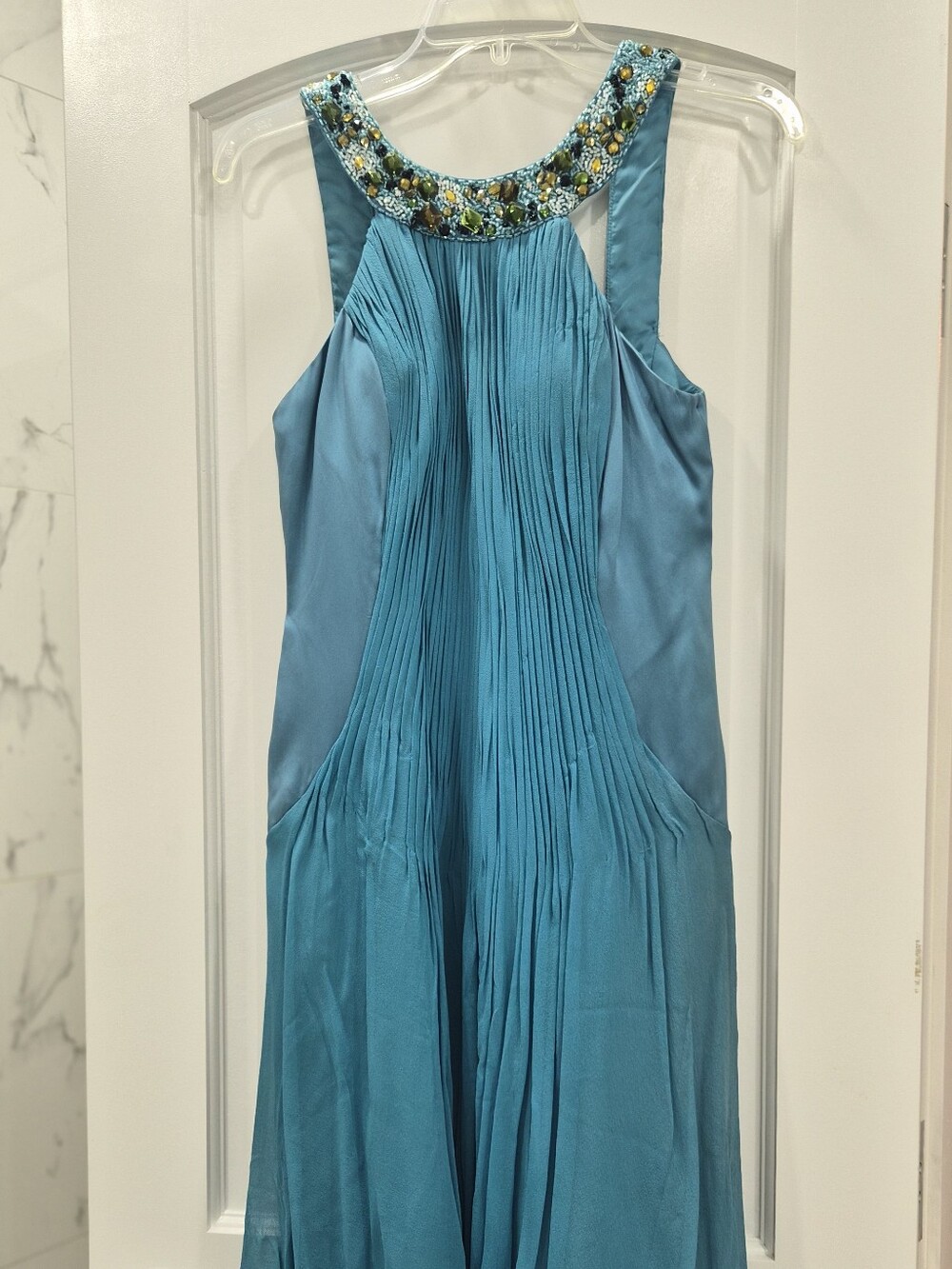 Black Label Teal Beaded Halter-Style Evening Dress